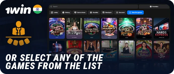 Select a live game in the 1Win casino lobby